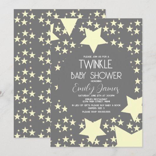 Twinkle Baby shower Gele sterren Grijze achtergron Kaart (Voorkant / Achterkant)