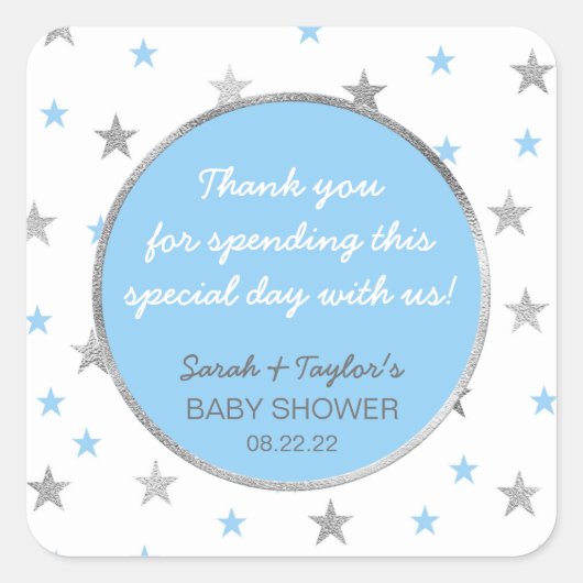 Twinkle Baby shower gunst sticker, blauw zilver Vierkante Sticker (Voorkant)