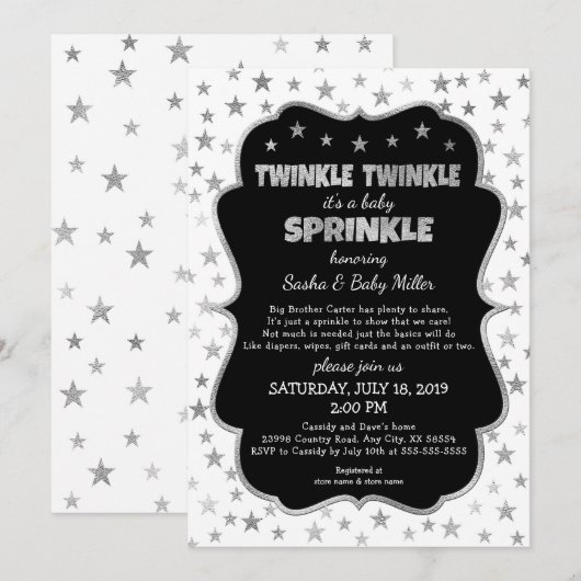 Twinkle Baby Sprinkle Black Silver-uitnodigingen Kaart (Voorkant / Achterkant)