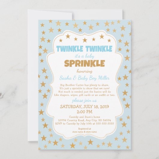 Twinkle Baby Sprinkle blauwe goudsterren uitnodigi Kaart (Voorkant)