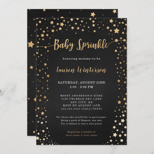 Twinkle Chalkboard Gold Star Baby Sprinkle Kaart (Voorkant / Achterkant)
