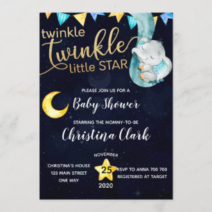 Twinkle Elephant Moon & Stars Baby shower Kaart