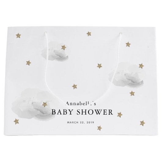 Twinkle Gold Stars & Grey Clouds Baby shower Groot Cadeauzakje (Voorkant)