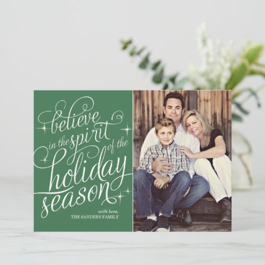 Twinkle Green Script Holiday Photo Card Feestdagenkaart (Staand voorkant)