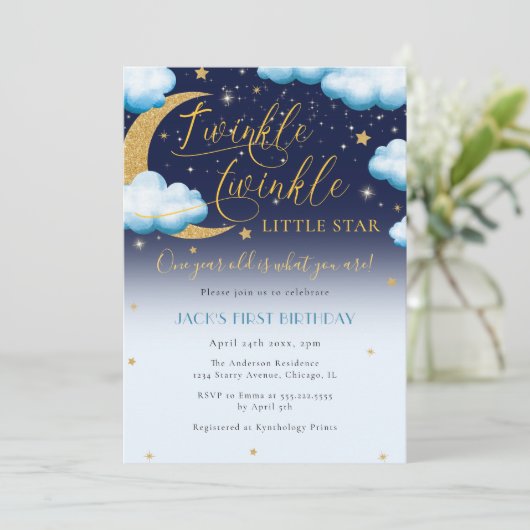 Twinkle kleine ster blauw jongen eerste verjaardag kaart (Staand voorkant)