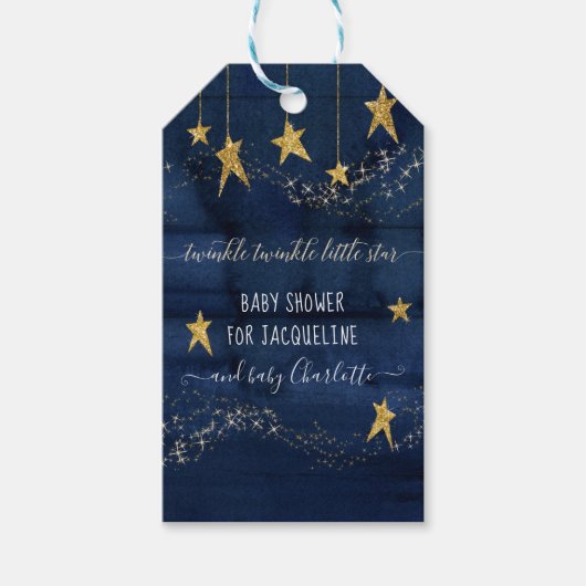 Twinkle kleine ster marine blauw gouden baby jonge cadeaulabel (Voorkant)