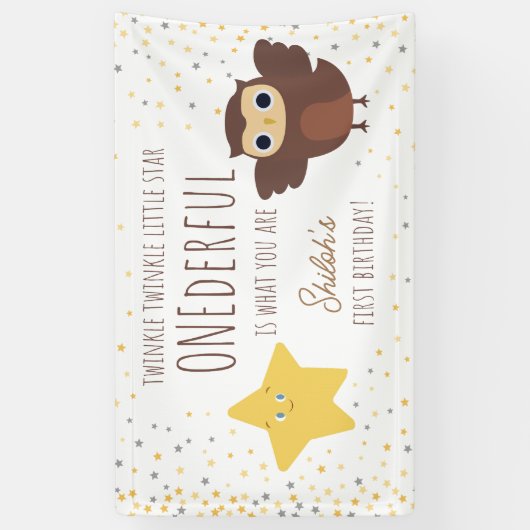 Twinkle kleine ster met vriendelijke Uil 1e verjaa Spandoek (Verticaal)