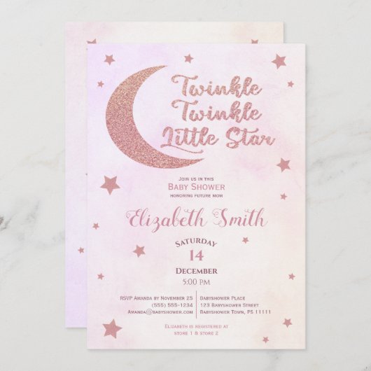 Twinkle kleine ster roze glitter babyshower kaart (Voorkant / Achterkant)