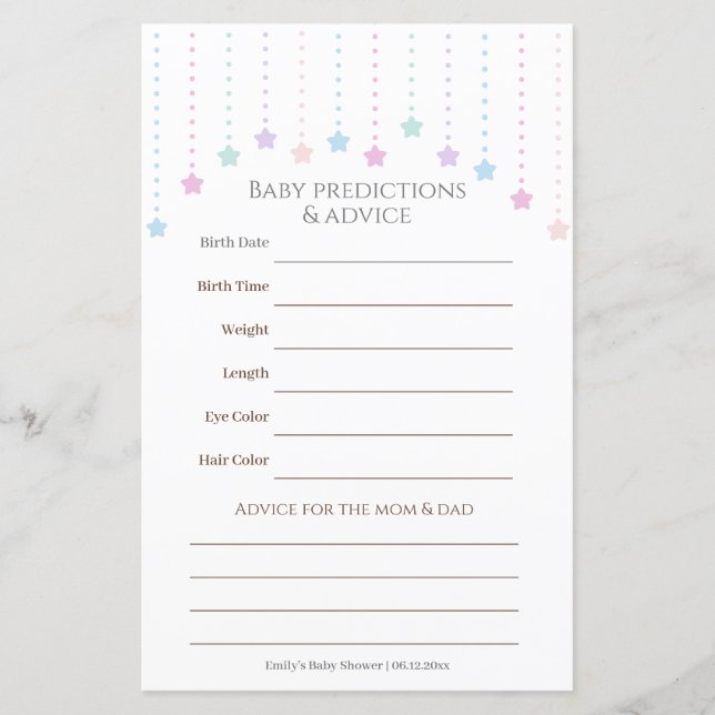 Twinkle kleine sterren Baby shower gissen spel (Voorkant)