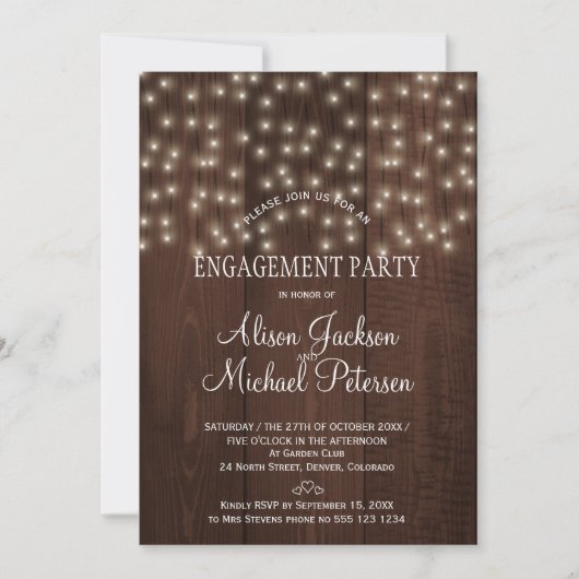 Twinkle licht verlovingsfeest rustieke schuur hout kaart (Voorkant)