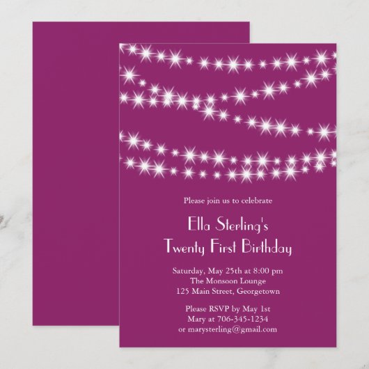 Twinkle Lights 21st Birthday Invitation (magenta) Kaart (Voorkant / Achterkant)