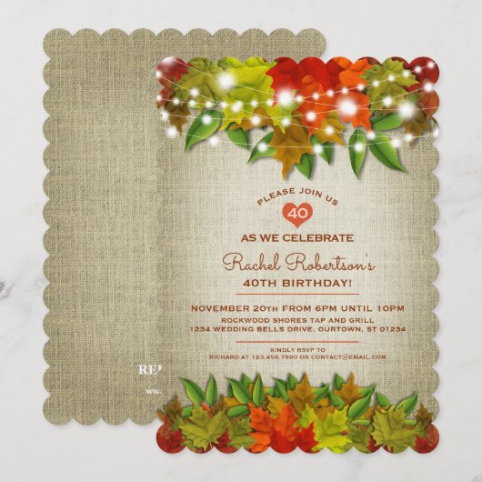 Twinkle Lights Autumn Burlap Birthday Party Kaart (Voorkant / Achterkant)