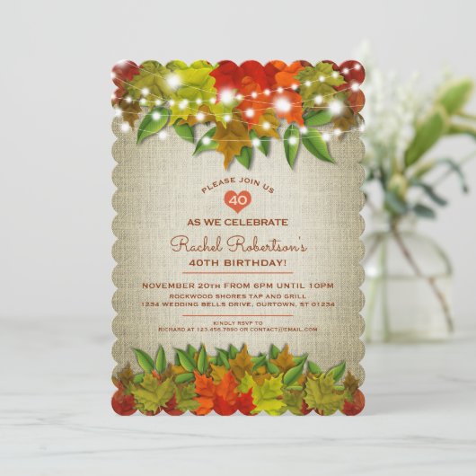 Twinkle Lights Autumn Burlap Birthday Party Kaart (Staand voorkant)