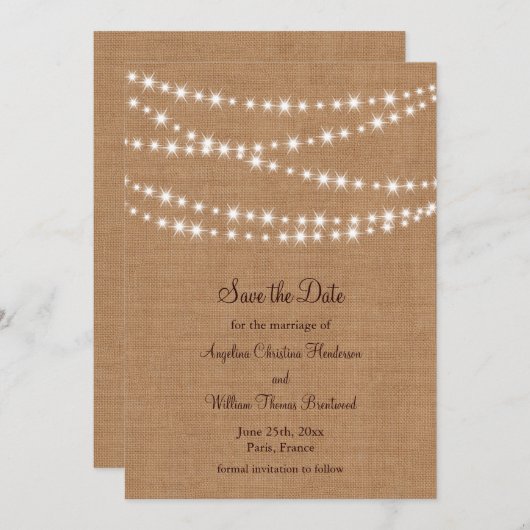 Twinkle Lights Bewaar de datum op Burlap Save The Date (Voorkant / Achterkant)