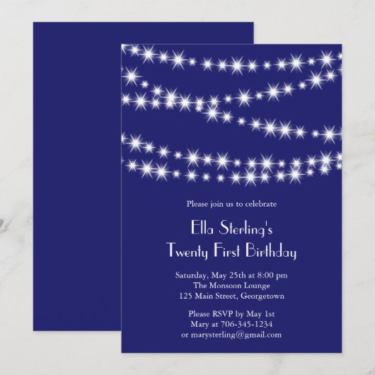 Twinkle Lights Birthday Invitation (indigo) Kaart (Voorkant / Achterkant)