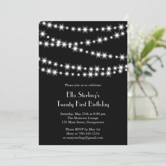Twinkle Lights Birthday Invitation (zwart) Kaart (Staand voorkant)