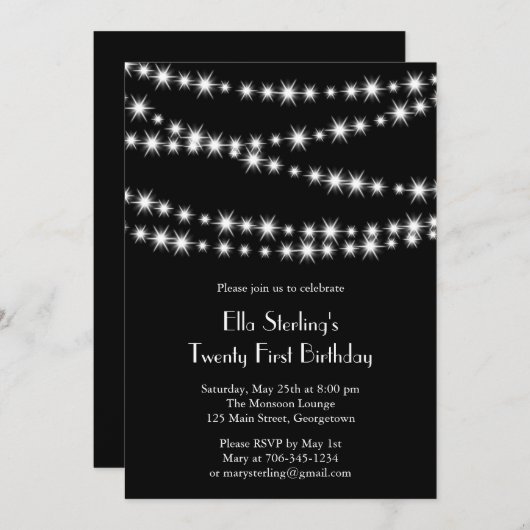 Twinkle Lights Birthday Invitation (zwart) Kaart (Voorkant / Achterkant)