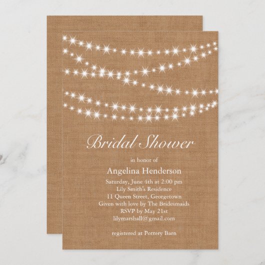 Twinkle Lights Bruidsdouche Uitnodiging op Burlap (Voorkant / Achterkant)