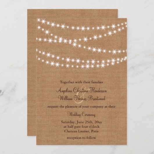 Twinkle Lights Bruiloft Uitnodiging op Burlap (Voorkant / Achterkant)