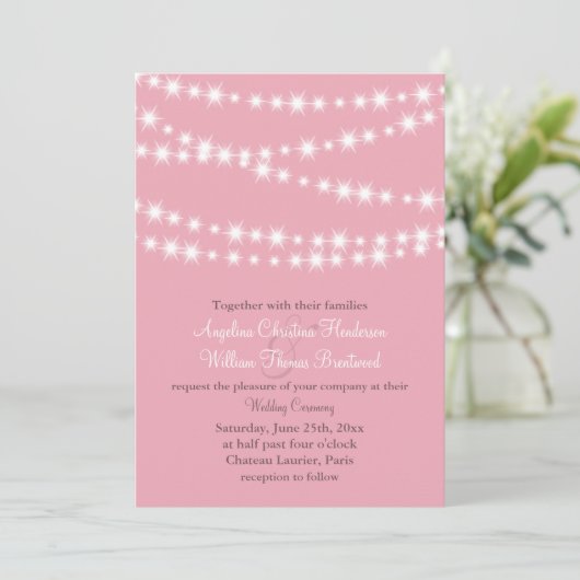 Twinkle Lights bruiloft uitnodiging (roze) (Staand voorkant)
