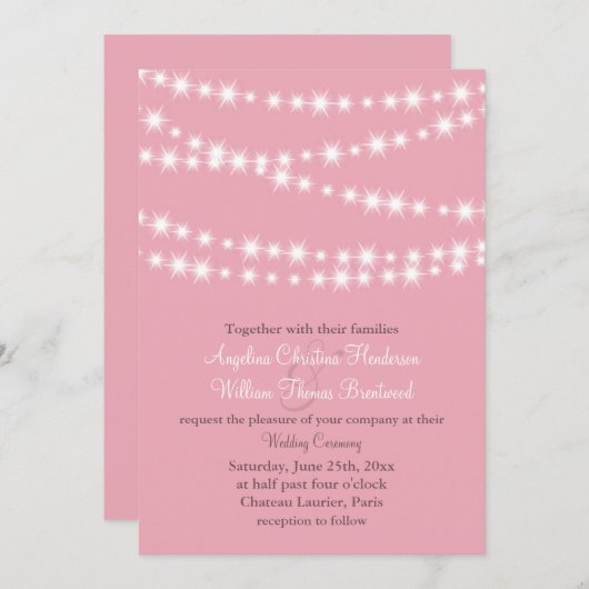 Twinkle Lights bruiloft uitnodiging (roze) (Voorkant / Achterkant)