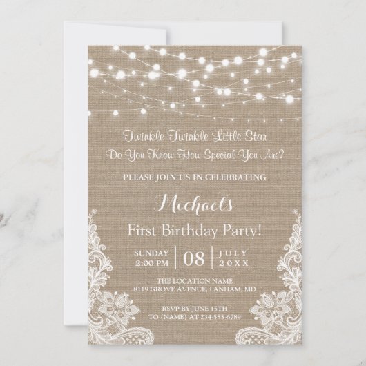 Twinkle Lights Burlap Lace First Birthday Party Kaart (Voorkant)