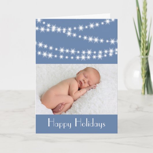 Twinkle Lights Foto Kerstkaart blauw Feestdagen Kaart (Voorkant)
