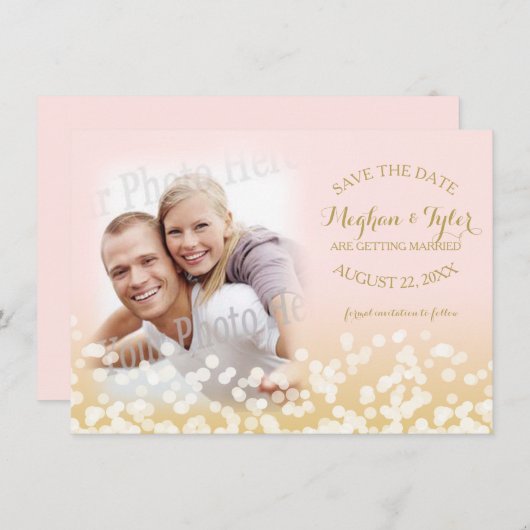 Twinkle Lights Goud en Roze Save the Date (Voorkant / Achterkant)