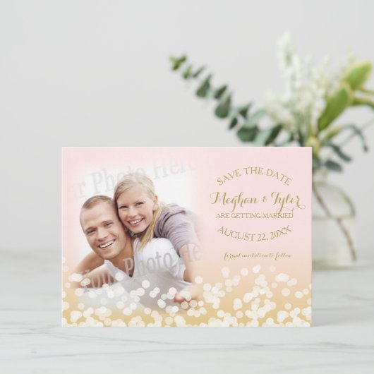 Twinkle Lights Goud en Roze Save the Date (Staand voorkant)