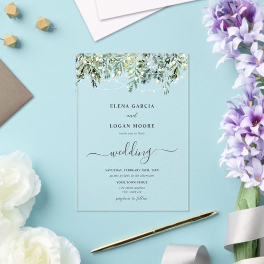 Twinkle Lights Greenery Wedding Acryl Uitnodigingen (Insitu (Huwelijk))