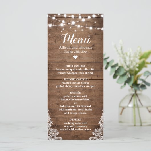 Twinkle Lights Lace Rustic Country Wood Weddenscha Menu (Staand voorkant)