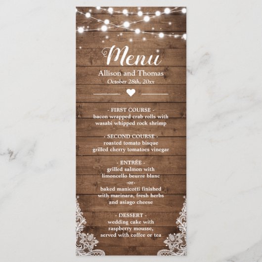 Twinkle Lights Lace Rustic Country Wood Weddenscha Menu (Voorkant)