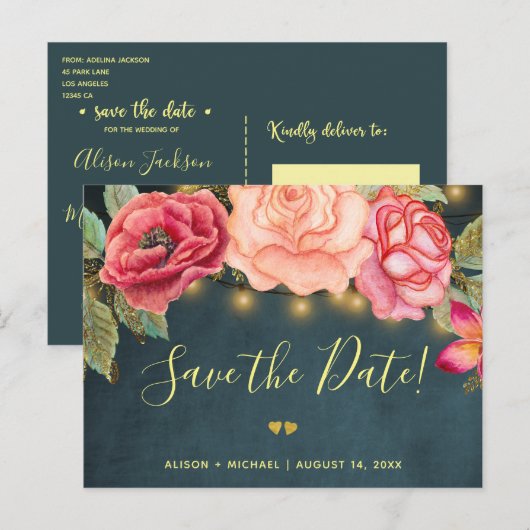 Twinkle lights marine blush rozen bruiloft save da aankondigingskaart (Voorkant / Achterkant)