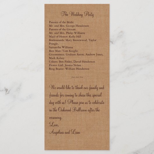 Twinkle Lights op Burlap Trouwprogramma Programmakaart (Achterkant)