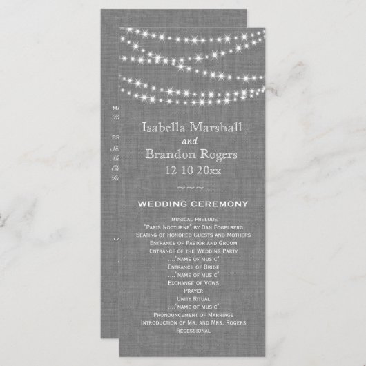 Twinkle Lights op Grey Burlap Wedding Program Programmakaart (Voorkant / Achterkant)