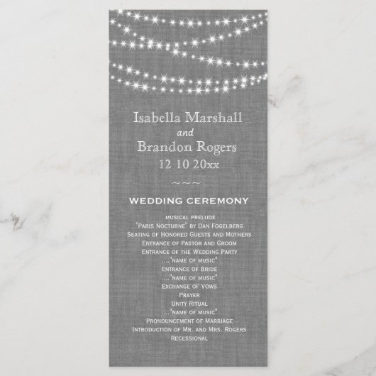 Twinkle Lights op Grey Burlap Wedding Program Programmakaart (Voorkant)