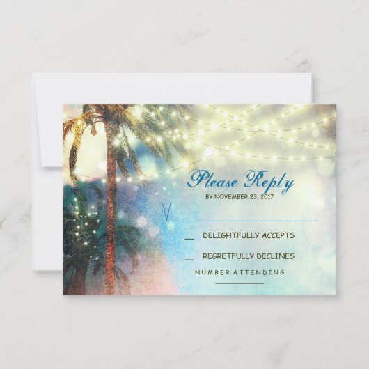 twinkle lights palmen strand bruiloft RSVP kaart (Voorkant)