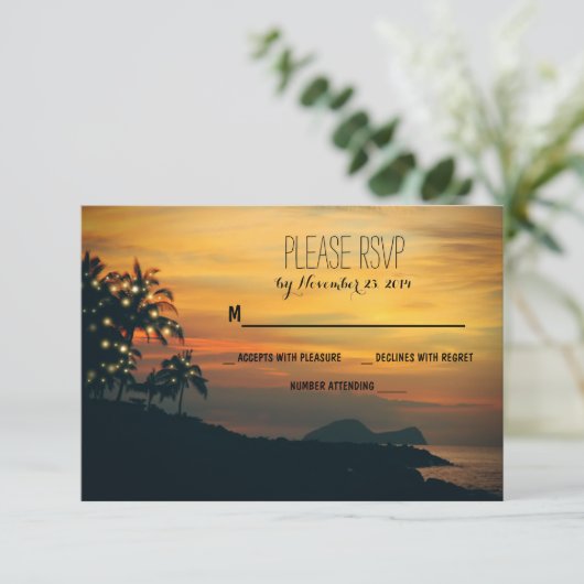 twinkle lights palmen strand bruiloft RSVP kaarten (Staand voorkant)