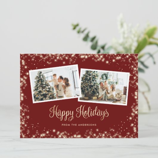 Twinkle Lights Red 2 Foto Feestdagenkaart (Staand voorkant)