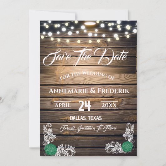 Twinkle Lights Rustic Wood Lace Save The Date (Voorkant)