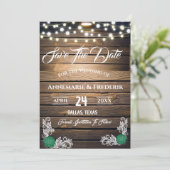Twinkle Lights Rustic Wood Lace Save The Date (Staand voorkant)