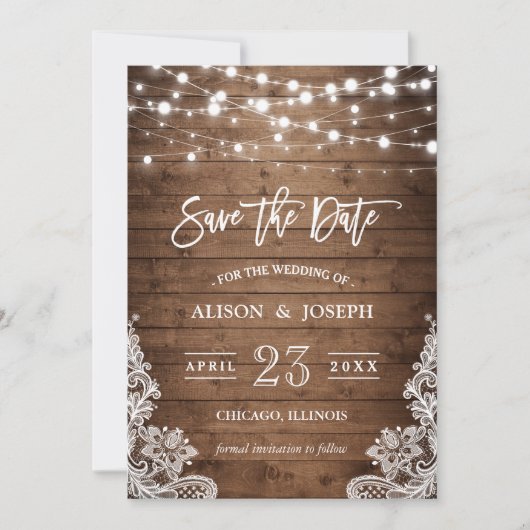 Twinkle Lights Rustic Wood Lace Save The Date (Voorkant)