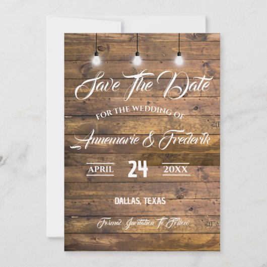 Twinkle Lights Rustic Wood Lace Save The Date (Voorkant)
