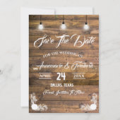 Twinkle Lights Rustic Wood Lace Save The Date (Voorkant)