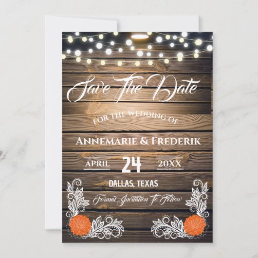 Twinkle Lights Rustic Wood Lace Save The Date (Voorkant)