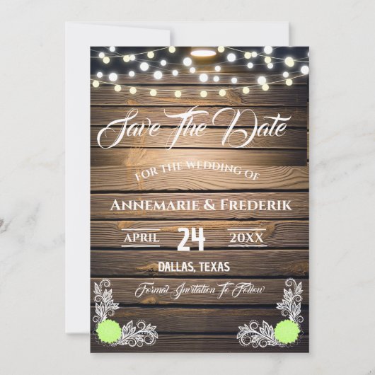 Twinkle Lights Rustic Wood Lace Save The Date (Voorkant)