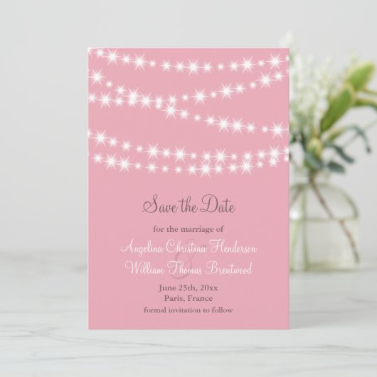 Twinkle Lights Save the Date (roze) (Staand voorkant)