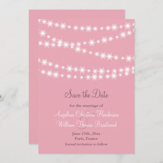 Twinkle Lights Save the Date (roze) (Voorkant / Achterkant)