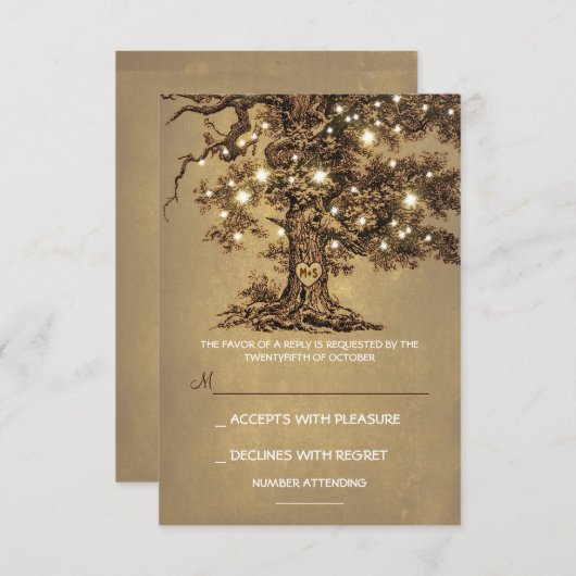 Twinkle Lights Tree Rustieke Bruiloft RSVP kaart (Voorkant / Achterkant)