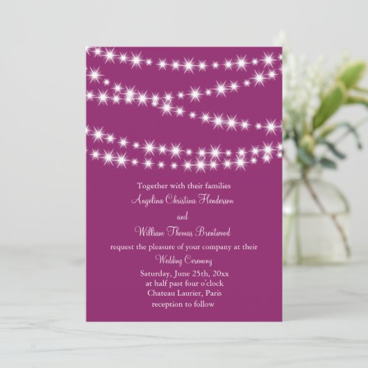 Twinkle Lights Wedding Invitation (magenta) Kaart (Staand voorkant)